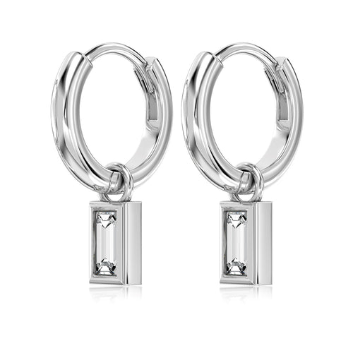 Baguette Dangle Sterling Silver Hoop Earrings