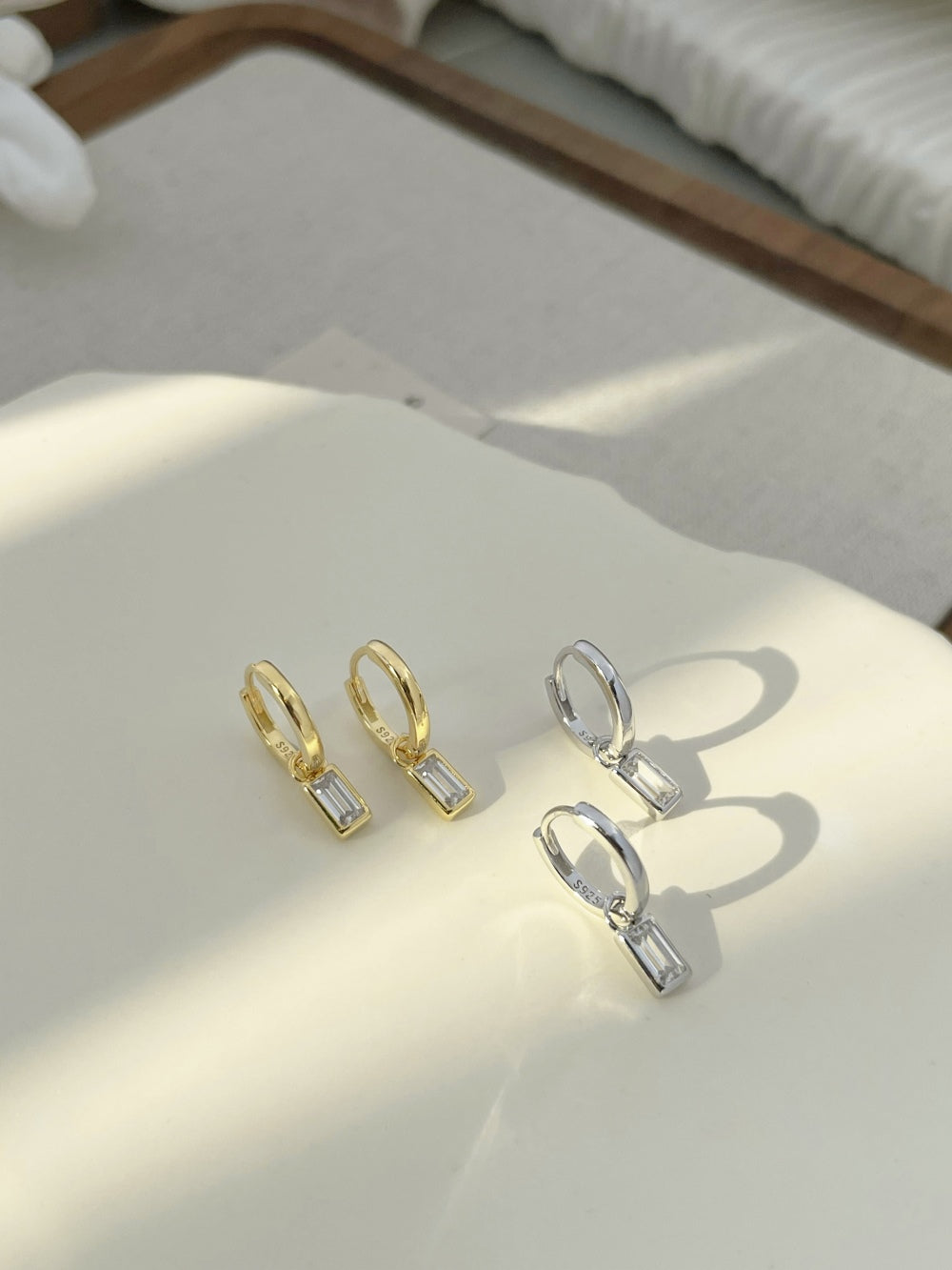 Baguette Dangle Sterling Silver Hoop Earrings