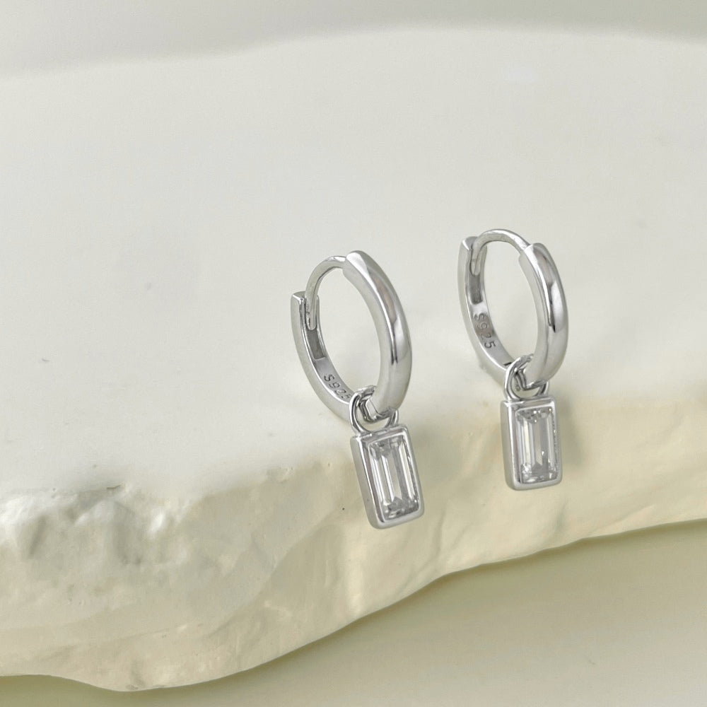 Baguette Dangle Sterling Silver Hoop Earrings