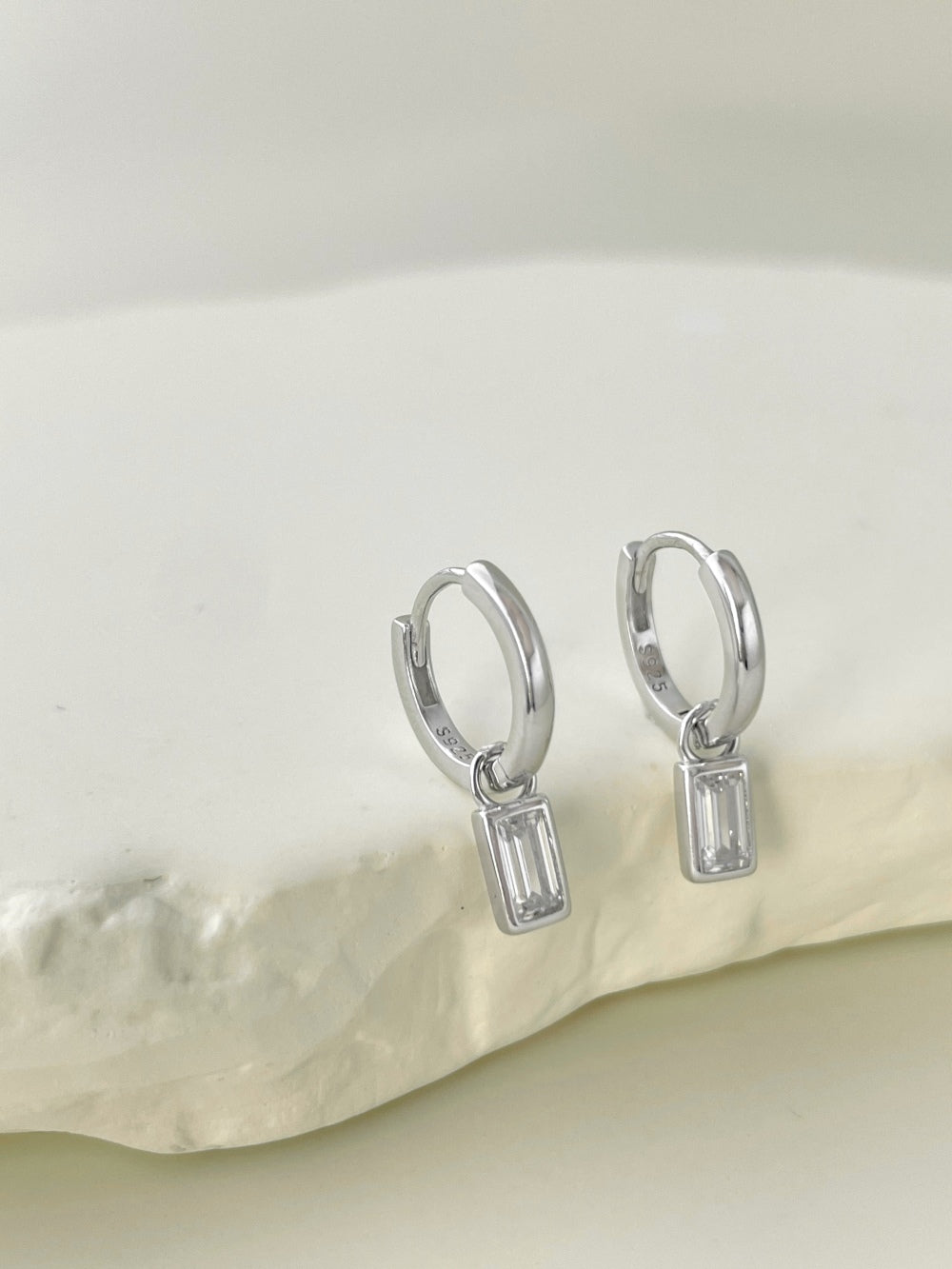 Baguette Dangle Sterling Silver Hoop Earrings