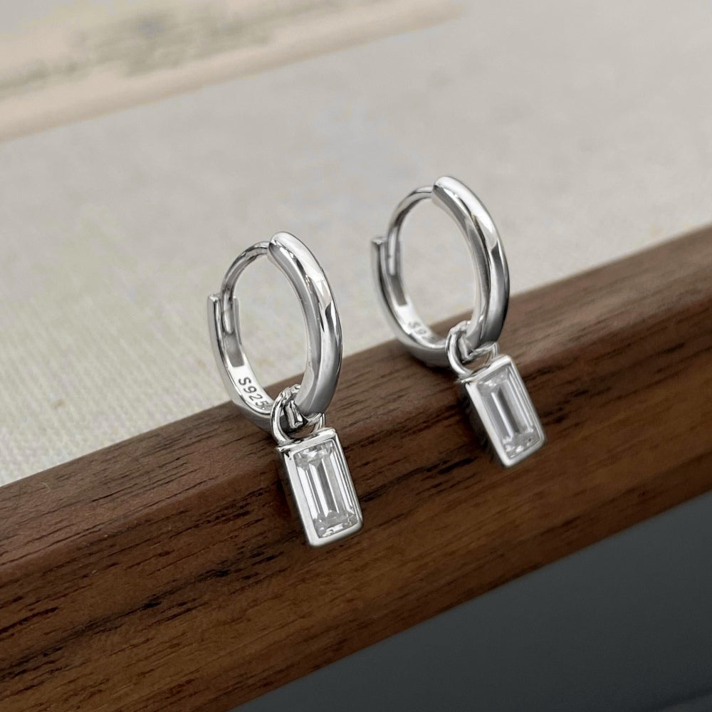 Baguette Dangle Sterling Silver Hoop Earrings