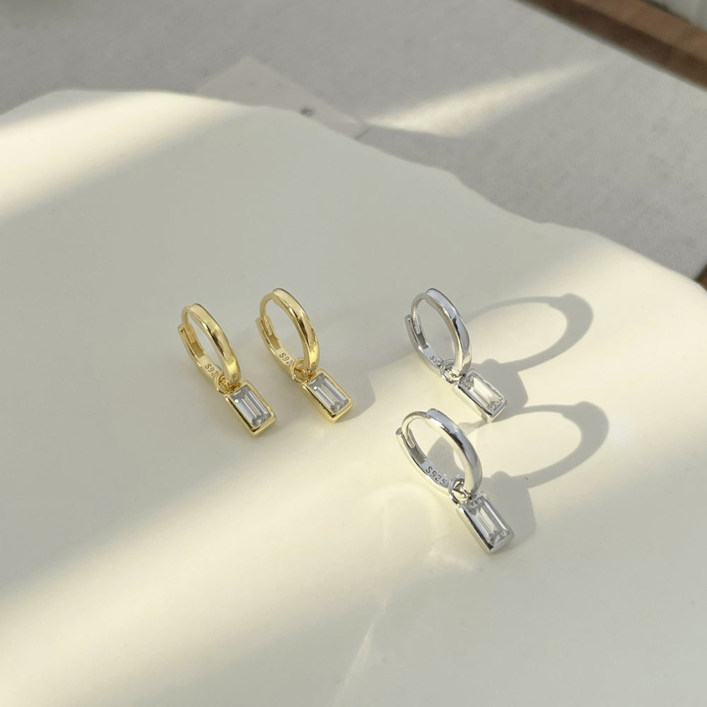 Baguette Dangle Sterling Silver Hoop Earrings
