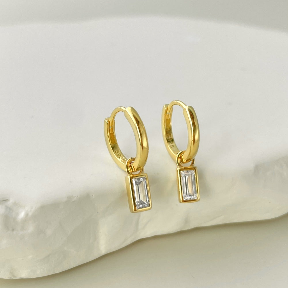 Baguette Dangle 18K Gold Plated Hoop Earrings